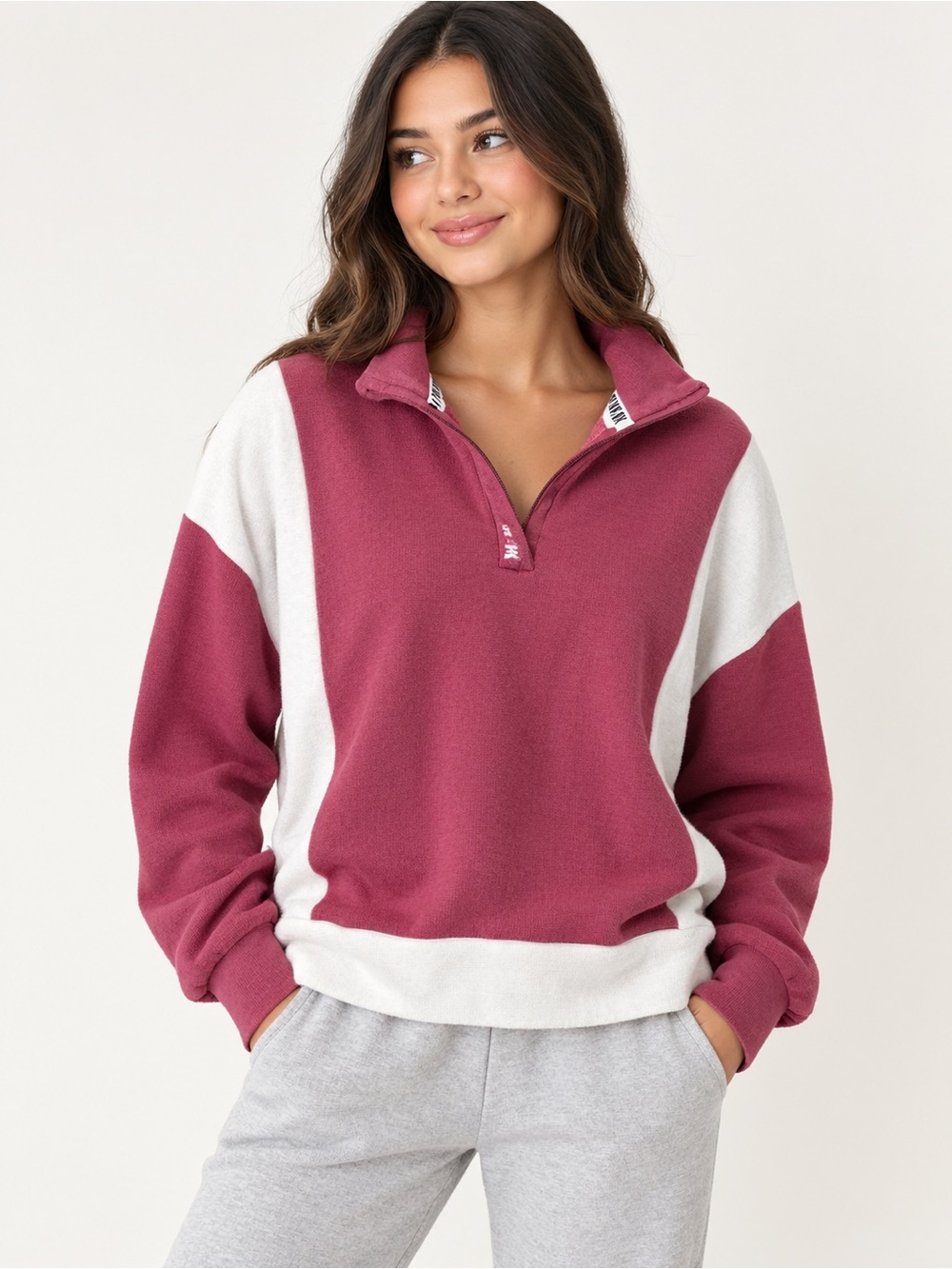 VS Pink Athleisure Half-Zip Pullover Sweatshirt - Rosewood & White Size XS